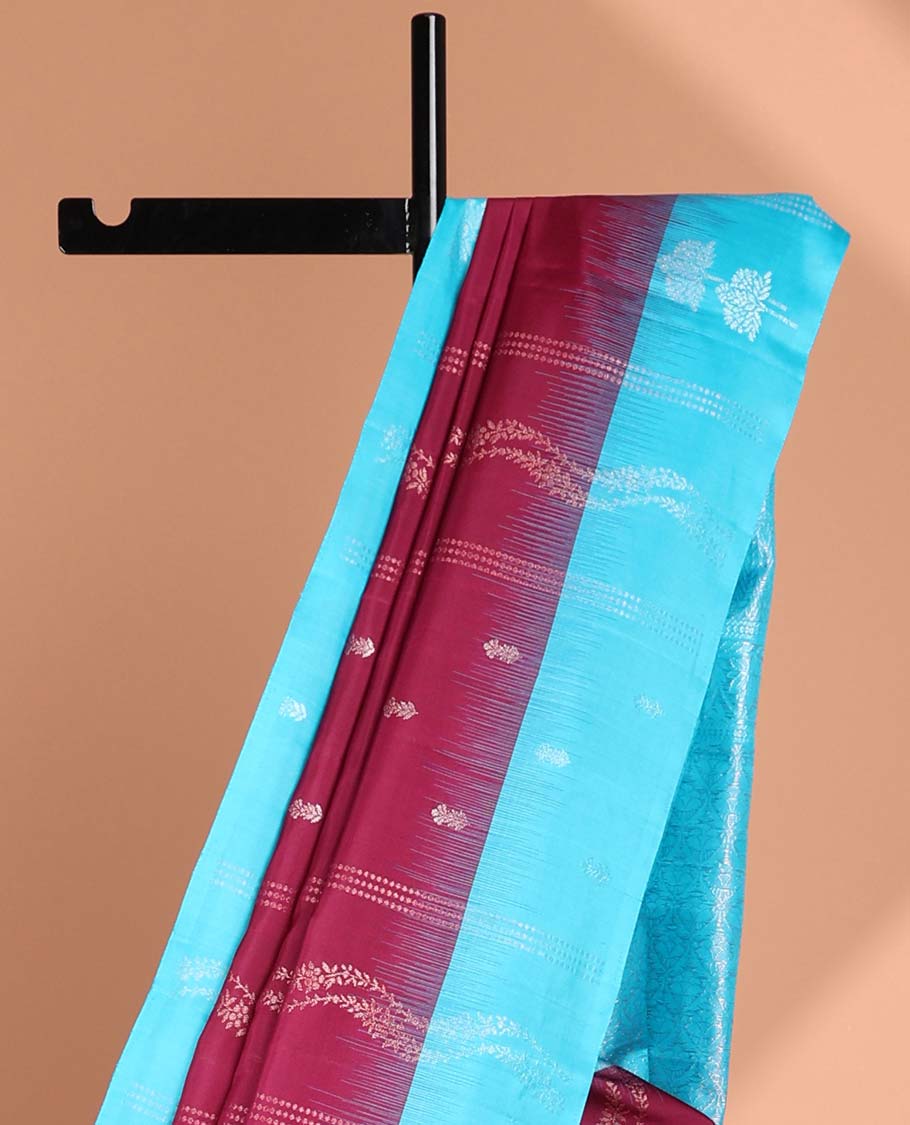 Purple striped, floral design soft silk saree with contrast zari border & traditional zari design pallu
