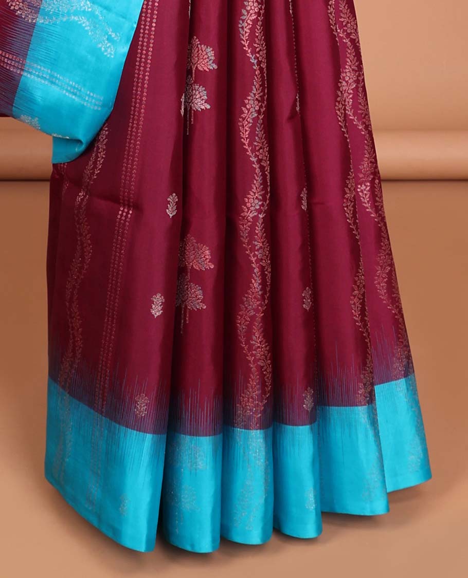 Purple striped, floral design soft silk saree with contrast zari border & traditional zari design pallu
