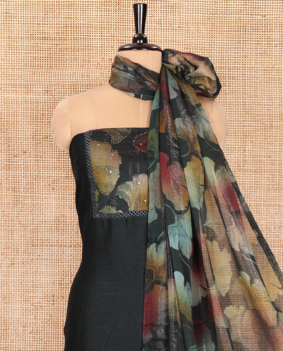 Bottle Green Material Churidar Set, Adorned with Floral Printed Patch Embroidery Vichitra Silk Top, Comes with a Plain Santoon Bottom, and a Floral Printed Shimmer Georgette Dupatta