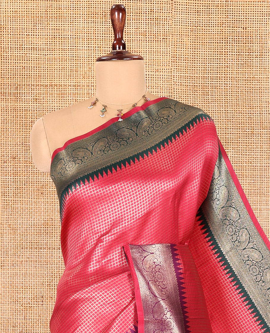 Cherry Zari Checked Litchi Saree with Contrast Ganga-Jamuna Border, Grand Pallu, and a Contrast Blouse