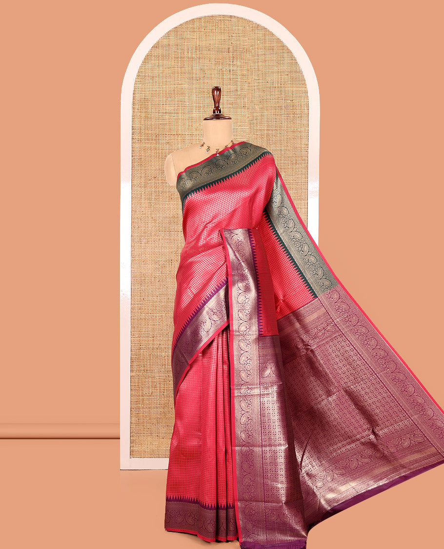Cherry Zari Checked Litchi Saree with Contrast Ganga-Jamuna Border, Grand Pallu, and a Contrast Blouse