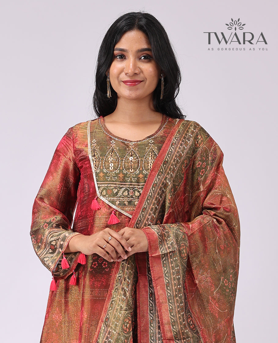 Twara multi-color floral embroidered round , 3/4 th sleeve ,below knee lenght kurti with straigt pants & floral design dupatta
