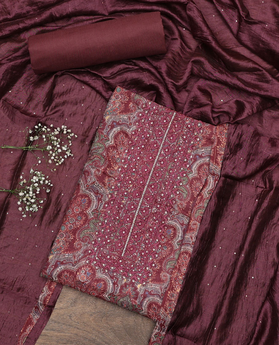 Brown material chudidar set, intricately paisleys printed and neck work top, plain bottom and sequins striped dupatta