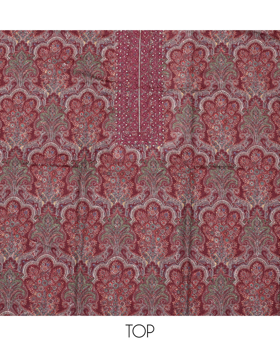 Brown material chudidar set, intricately paisleys printed and neck work top, plain bottom and sequins striped dupatta