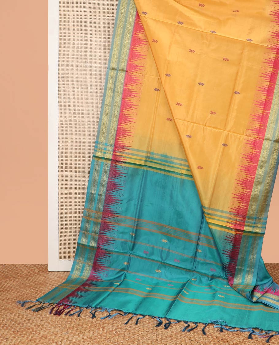Orange motifs banana pith saree with contrast rettai pettu zari design border & floral pallu