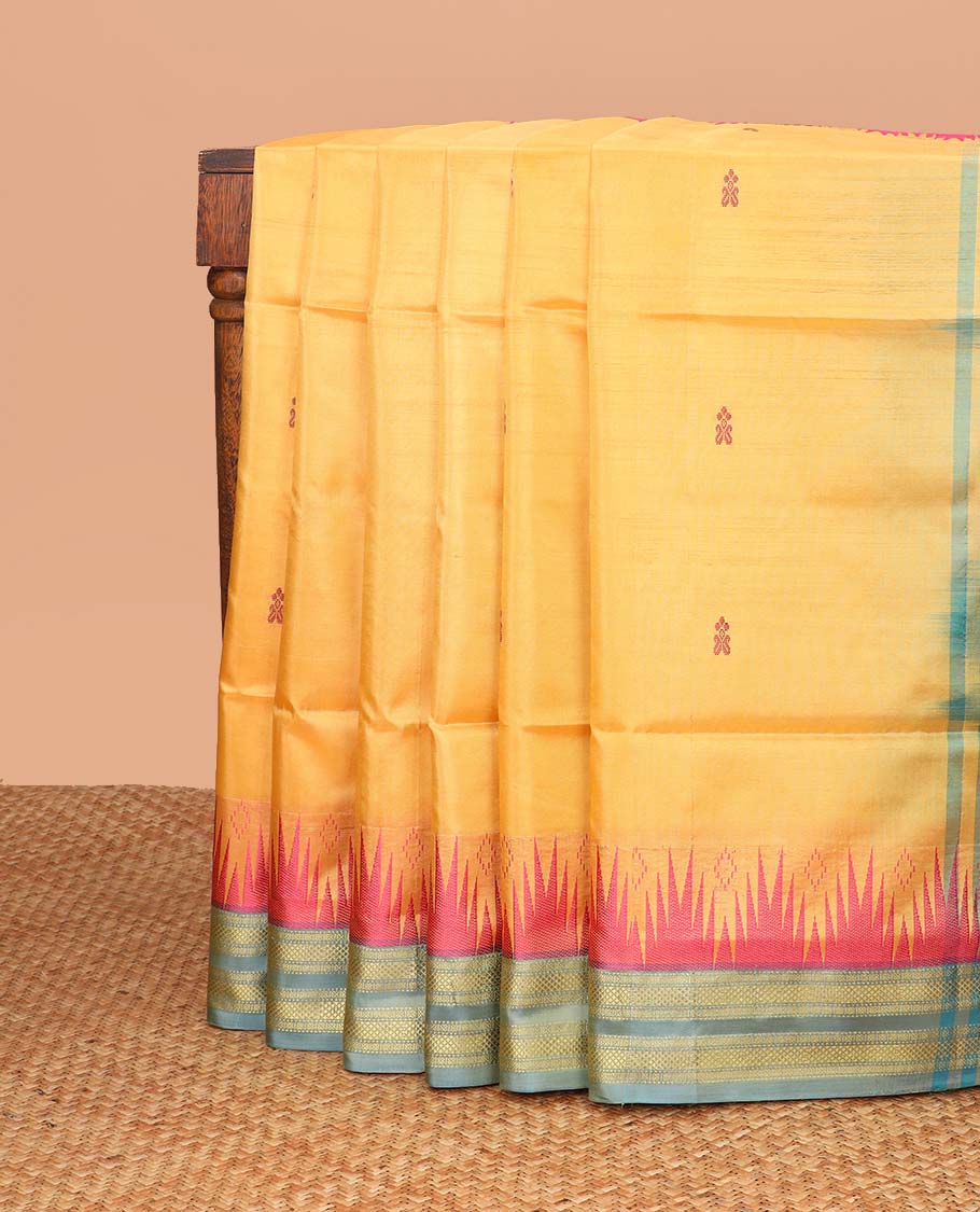 Orange motifs banana pith saree with contrast rettai pettu zari design border & floral pallu