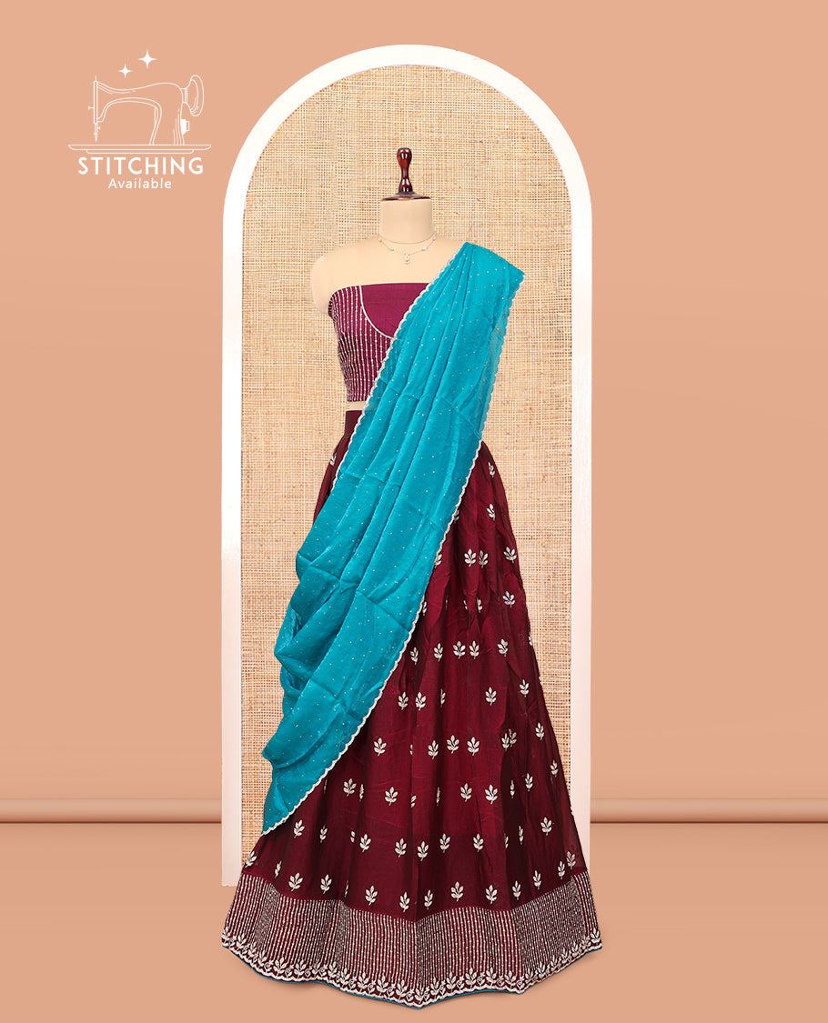 Wine Banarasi Half-Saree, Delicately Woven with Floral Buttas Embroidered Skirt, Embroidered Border, Matching Blouse, and Contrast Scallop Embroidered Dupatta