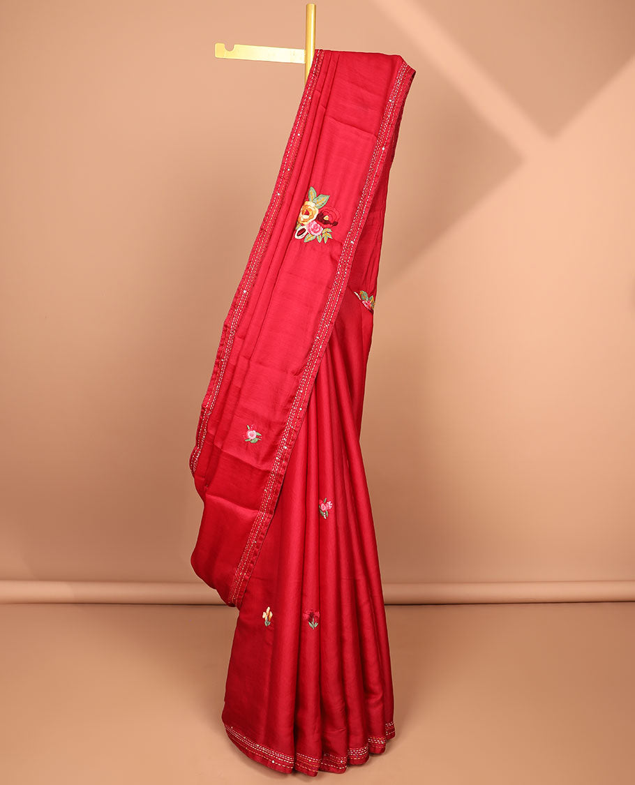 Red all-over floral motifs thread embroidery tussar silk saree with self striped embroidery border