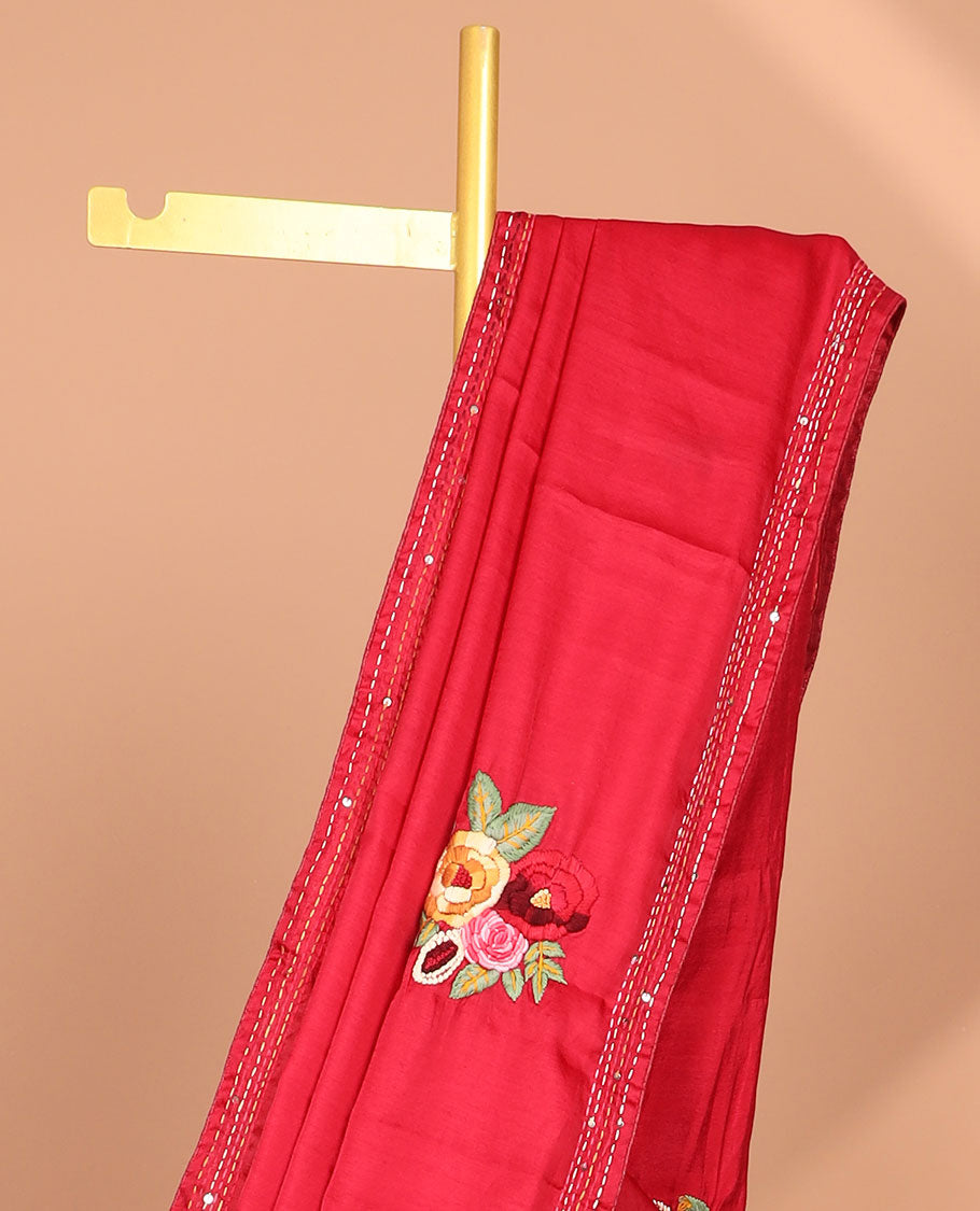 Red all-over floral motifs thread embroidery tussar silk saree with self striped embroidery border