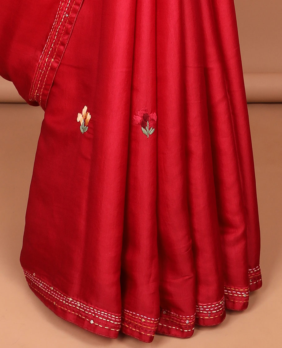 Red all-over floral motifs thread embroidery tussar silk saree with self striped embroidery border