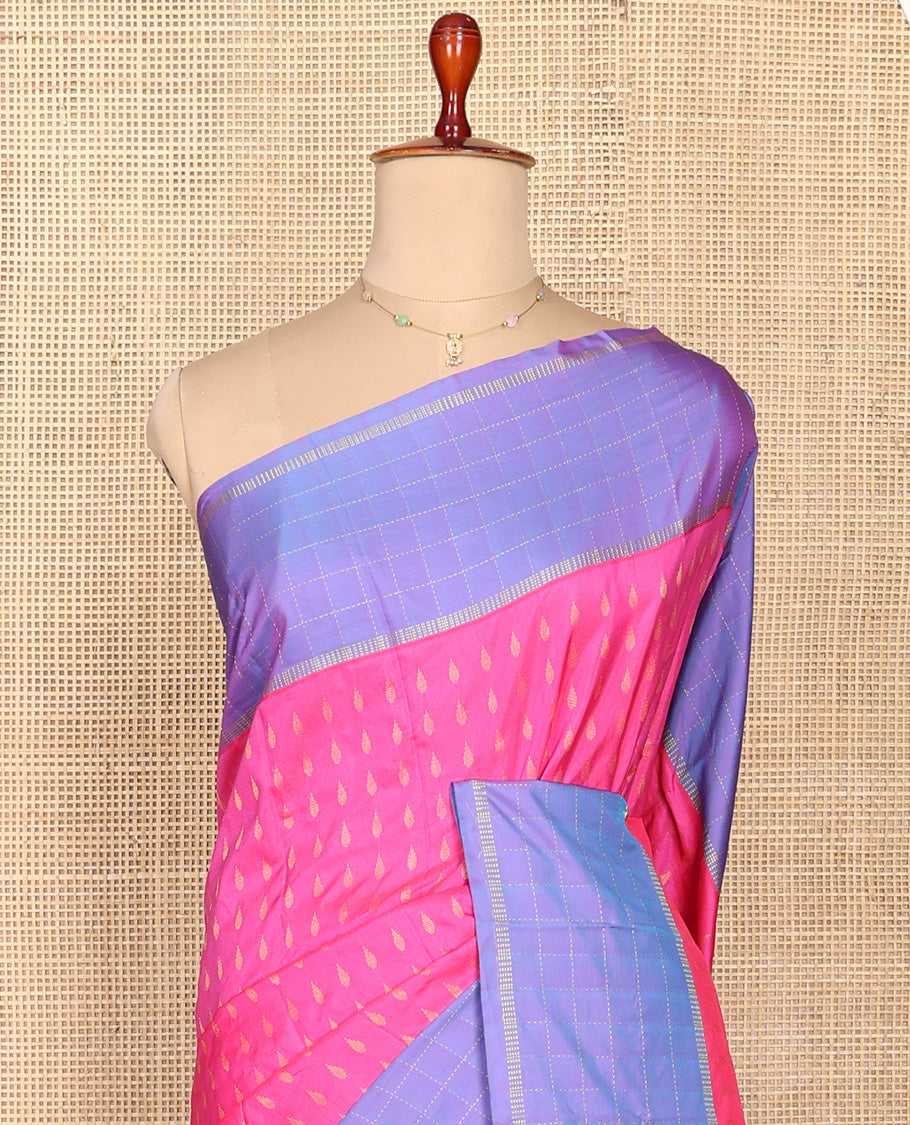 Pink Aarani Silk Saree, Woven with Buttas on Its Body, Complemented by a Contrast Checked Border, Pallu of Stripes and Buttas, and Paired with a Matching Blouse