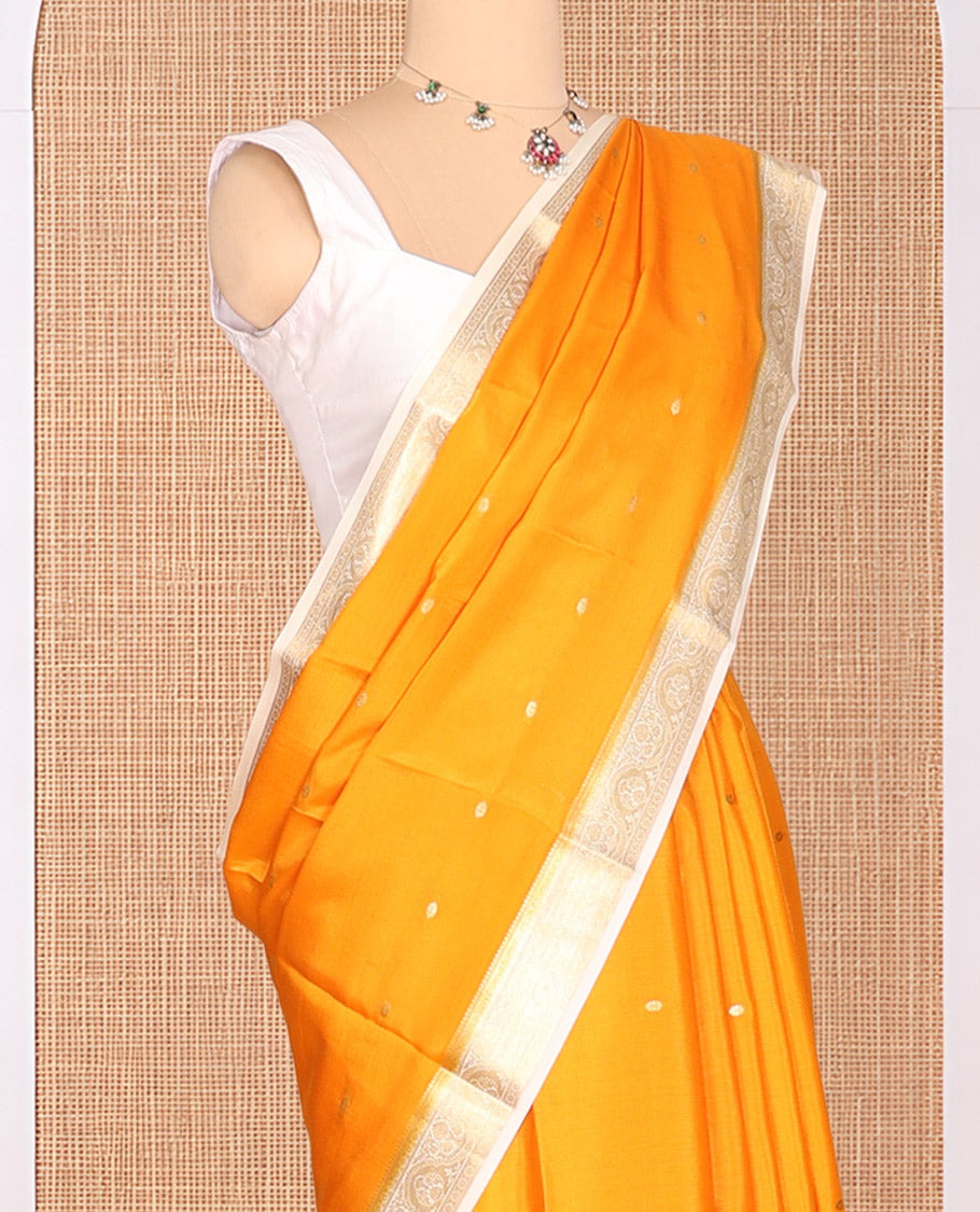 Orange Zari Buttas Mysore Silk Saree, Complemented by a Contrast Traditional Zari Border, Zari Design Pallu, and a Contrast Blouse