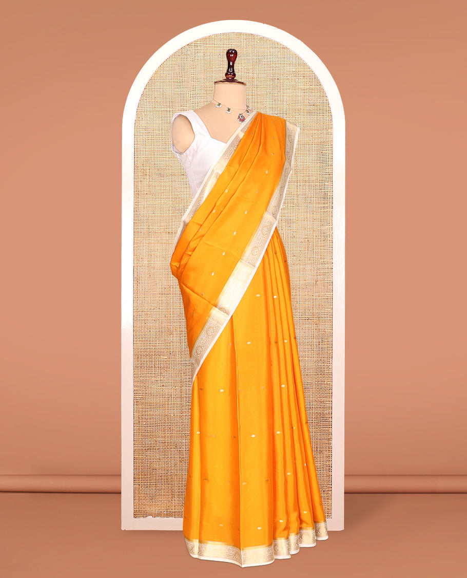 Orange Zari Buttas Mysore Silk Saree, Complemented by a Contrast Traditional Zari Border, Zari Design Pallu, and a Contrast Blouse