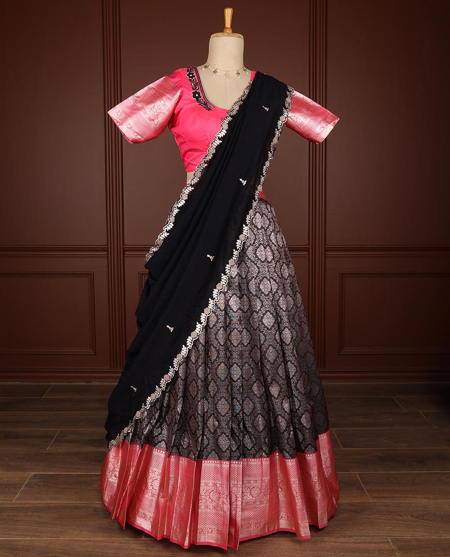 Black geometric design half saree witn contrast zari design border, floral embroidery blouse & floral embroidery dhavani