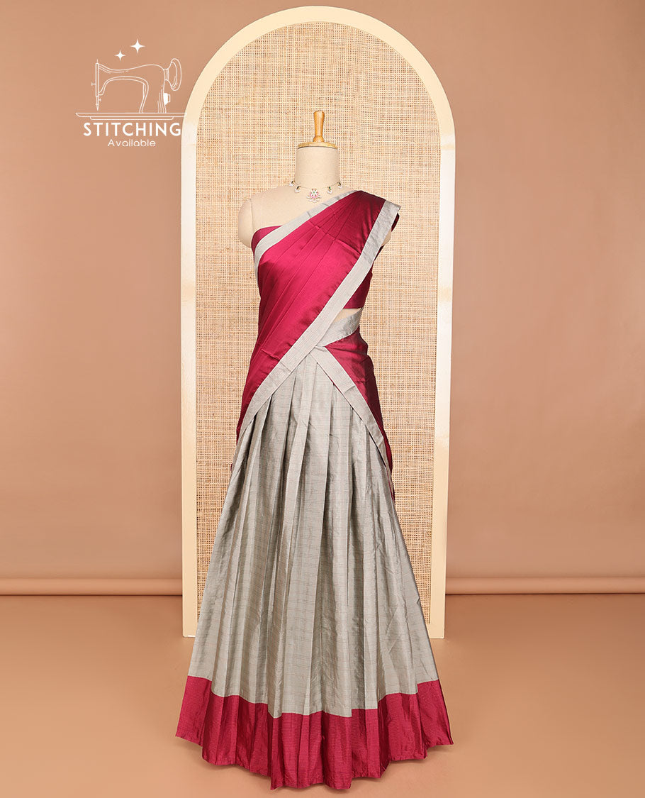 Sandal striped half saree with contrast border, plain blouse & plain, checked border dhavani