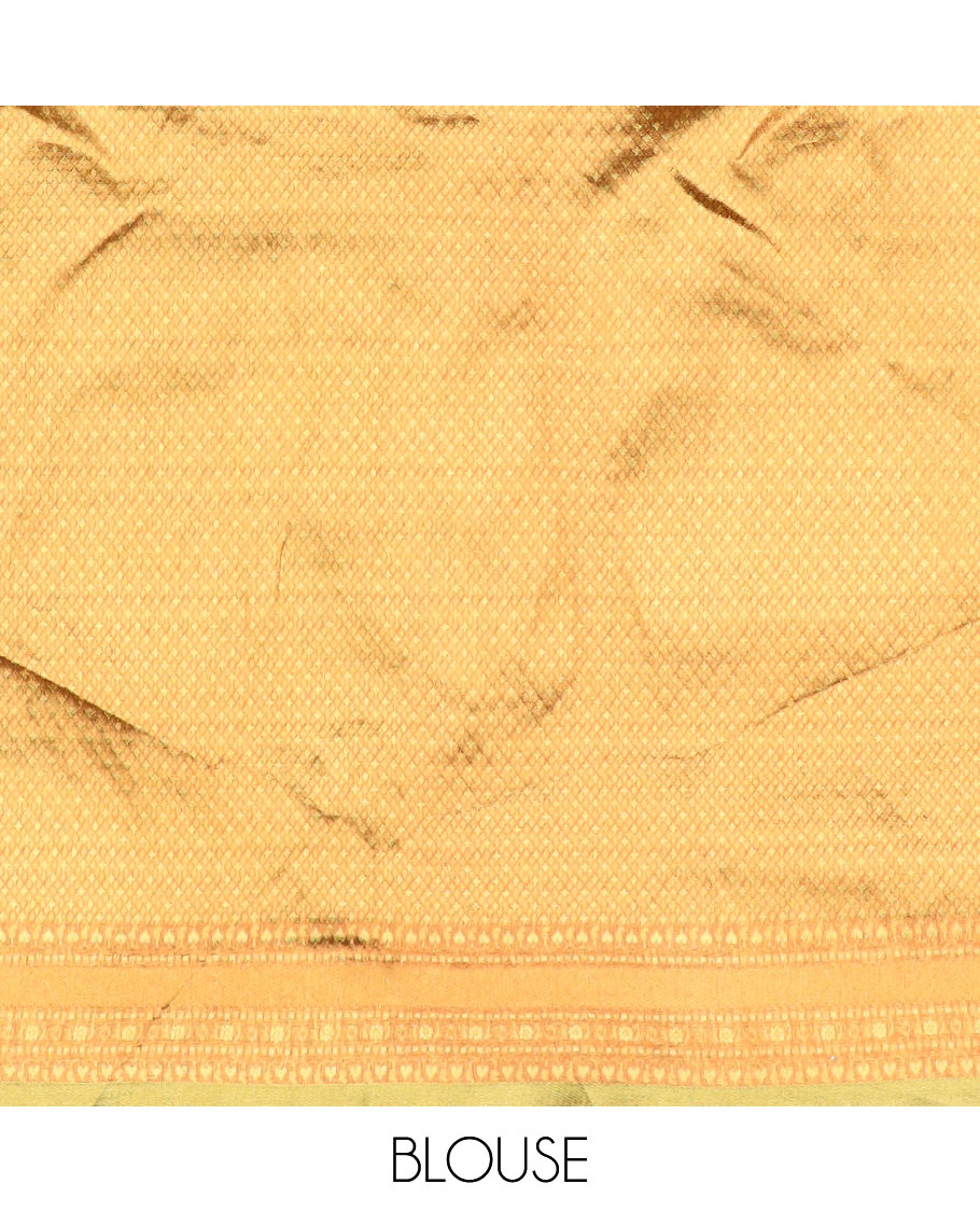 Dark brown buttas tissue half saree with contrast zari design border, checked zari design blouse & floral design dhavani