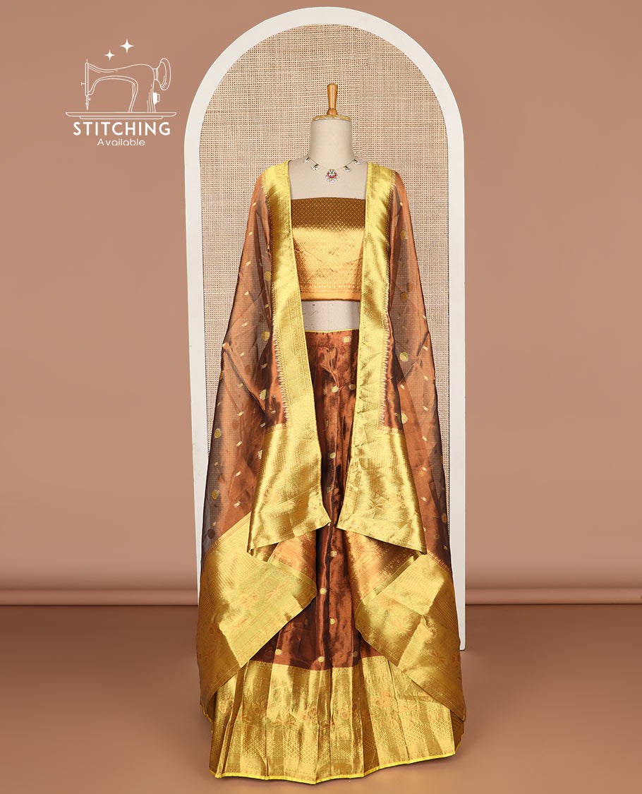 Dark brown buttas tissue half saree with contrast zari design border, checked zari design blouse & floral design dhavani