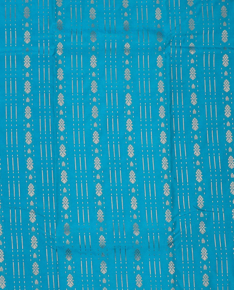 Blue art silk pavadai material, zari design with contrast traditional zari border skirt, and contrast blouse