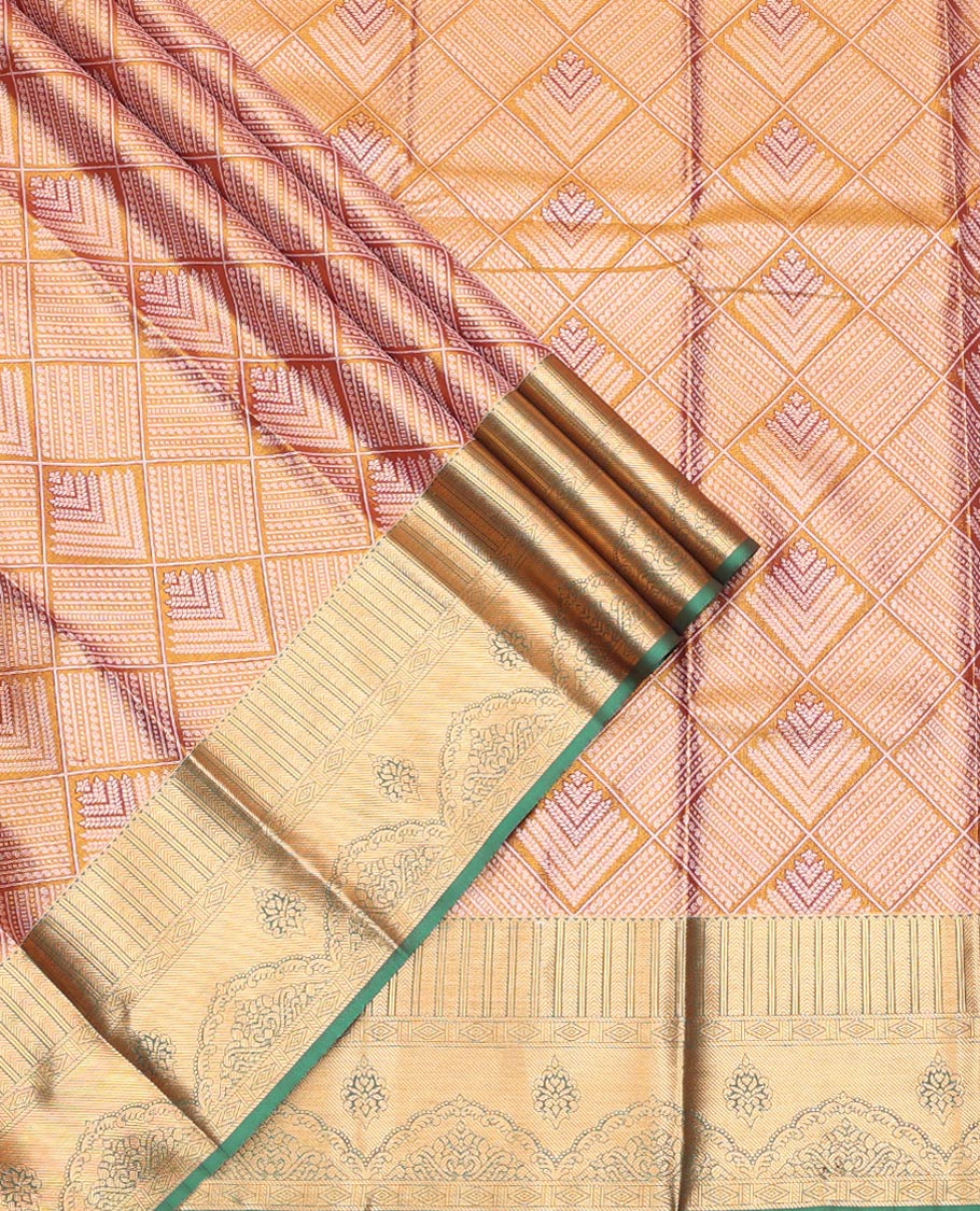 Gold Art Silk Pavadai Material Set, Dazzled with Jacquard Design on Its Skirt, Complemented by a Contrast Traditional Zari Design Border, and Paired with a Contrast Blouse