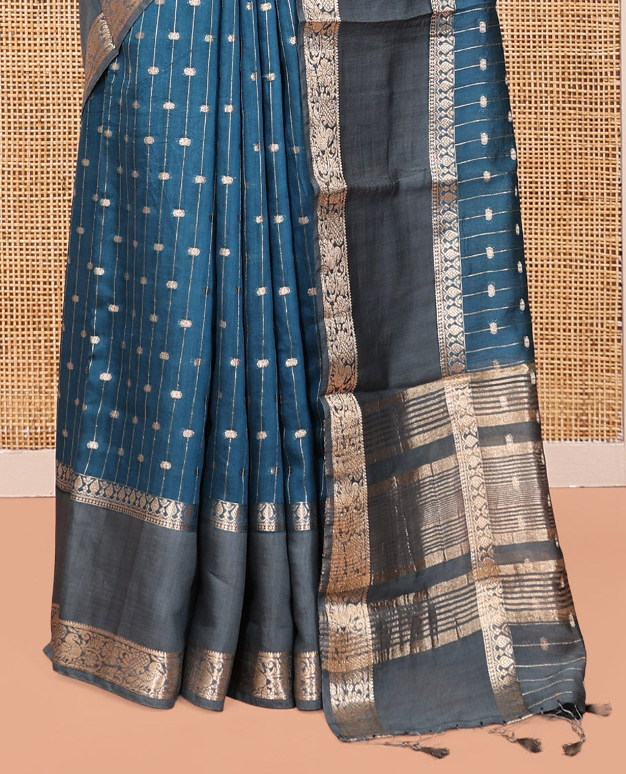 Blue Assam Silk Saree, Woven with Zari Stripes, Complemented by a Contrast Traditional Zari Border, Striped Pallu, and a Contrast Blouse