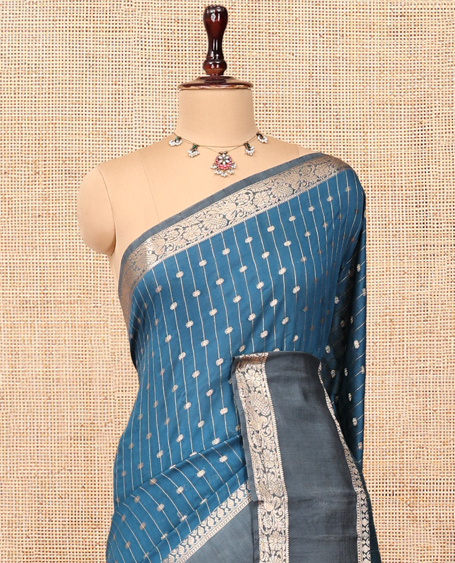 Blue Assam Silk Saree, Woven with Zari Stripes, Complemented by a Contrast Traditional Zari Border, Striped Pallu, and a Contrast Blouse