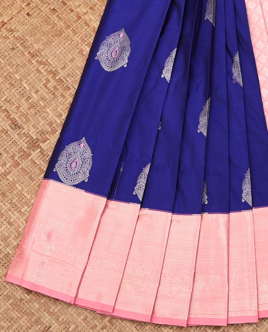 Blue Budget Silk Saree, Embellished with Zari Buttas All Over Its Body, Complemented by a Contrast Traditional Zari Design Border, Grand Jaal Pallu, and Paired with a Contrast Blouse