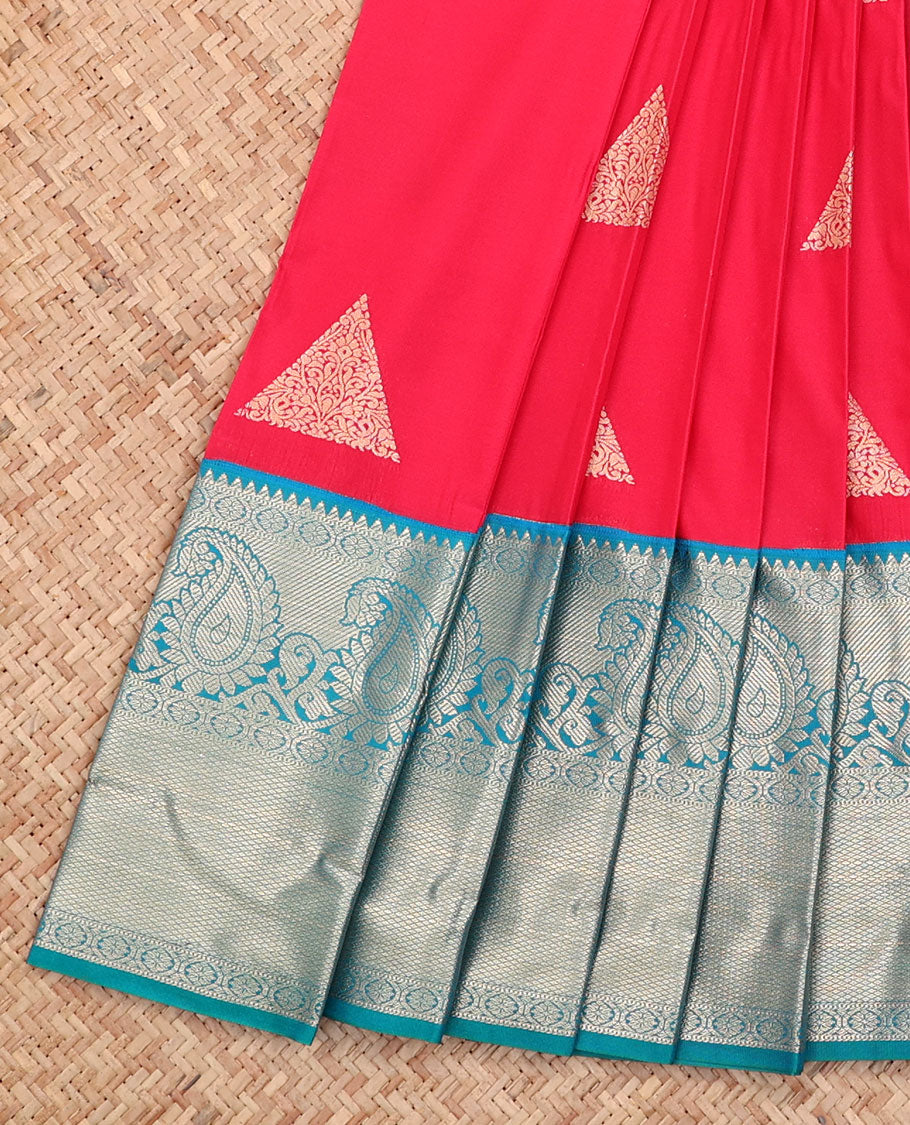 Red Budget Silk Saree, Embellished with Zari Buttas All Over Its Body, Complemented by a Contrast Traditional Design Border, Grand Pallu, and Paired with a Contrast Blouse