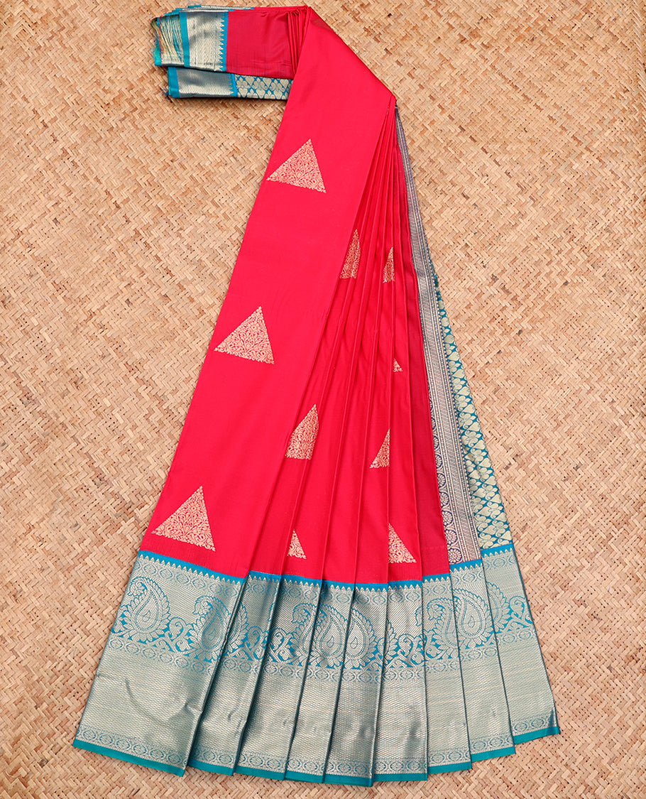 Red Budget Silk Saree, Embellished with Zari Buttas All Over Its Body, Complemented by a Contrast Traditional Design Border, Grand Pallu, and Paired with a Contrast Blouse
