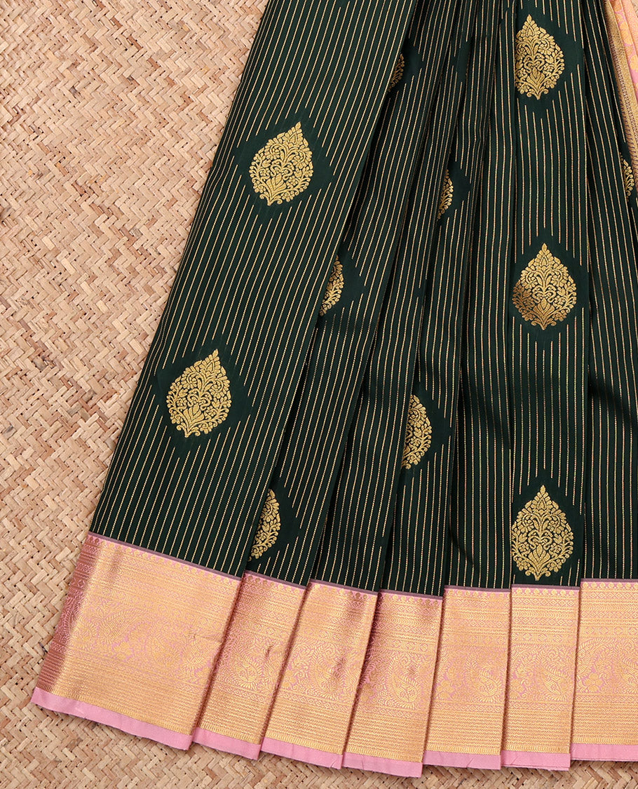 Green Budget Silk Saree, Detailed with Zari Buttas and Stripes, a Contrast Traditional Zari Border, Intricate Pallu, and a Contrast Blouse