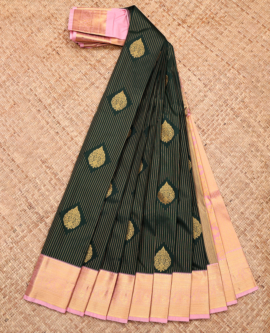 Green Budget Silk Saree, Detailed with Zari Buttas and Stripes, a Contrast Traditional Zari Border, Intricate Pallu, and a Contrast Blouse