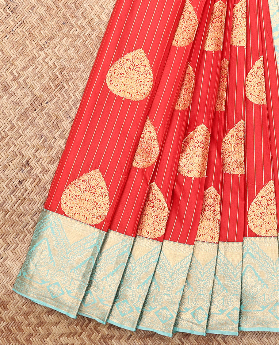 Orange Budget Silk Saree, Majestically Detailed with Zari Buttas and Stripes, Complemented by a Contrast Traditional Zari Border, Sparsely Woven Pallu, and a Contrast Blouse