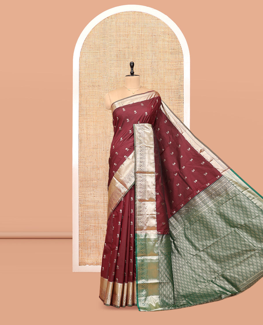 Maroon Budget Silk Saree, Woven with Floral Buttas, Complemented by Contrast Traditional Zari Border, Grand Jaal Pallu, and Contrast Blouse