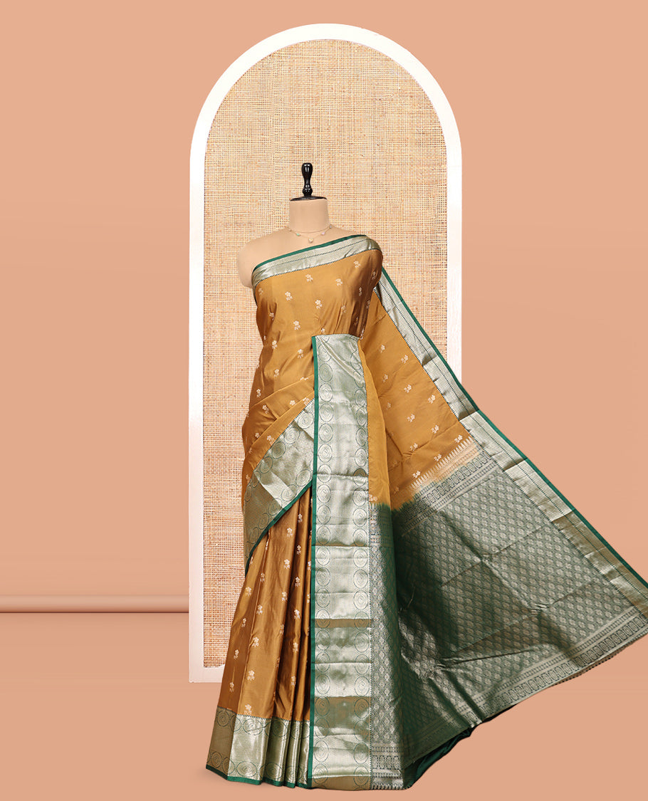 Mustard Budget Silk Saree, Decorated with Zari Buttas, Complemented by a Contrast Traditional Zari Border, Grand Jaal Pallu, and Contrast Blouse