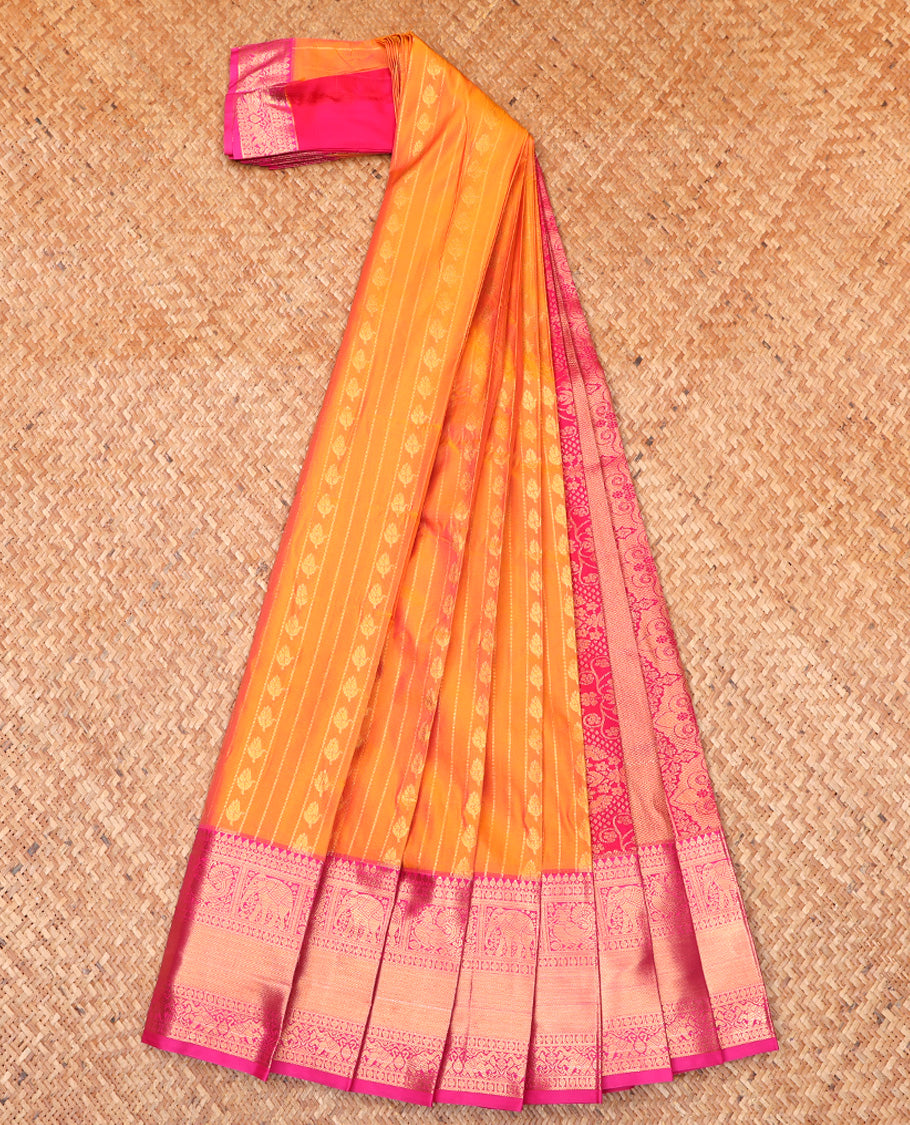 Orange Budget Silk Saree, Enriched with Zari Buttas and Stripes All Over Its Body, Complemented by Contrast Traditional Zari Designs Woven Border, Grand Pallu and Paired with a Contrast Blouse