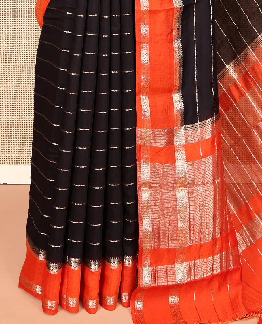 Black Assam Silk Saree, Charmingly Accented with Zari Stripes, Complemented by a Contrast Zari Traditional Border, Zari-Striped Pallu, and a Contrast Blouse