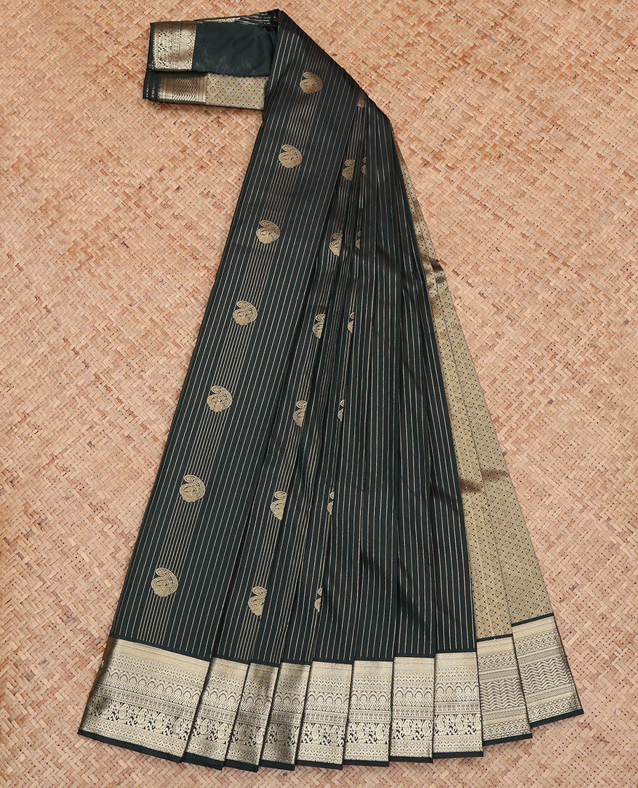 Green Budget Silk Saree, Bedecked with Paisley Buttas and Zari Stripes All Over Its Body, Highlighted by a Traditional Zari Design Border, Pallu of Jaal Design, and Paired with a Matching Blouse