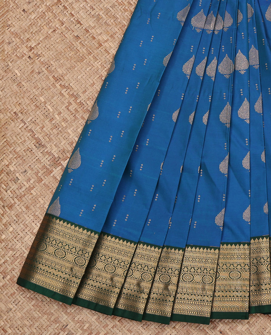 Blue Budget Silk Saree, Mesmerized with Zari Buttas All Over Its Body, Complemented by a Contrast Traditional Zari Border, Grand Pallu, and Paired with a Contrast Blouse