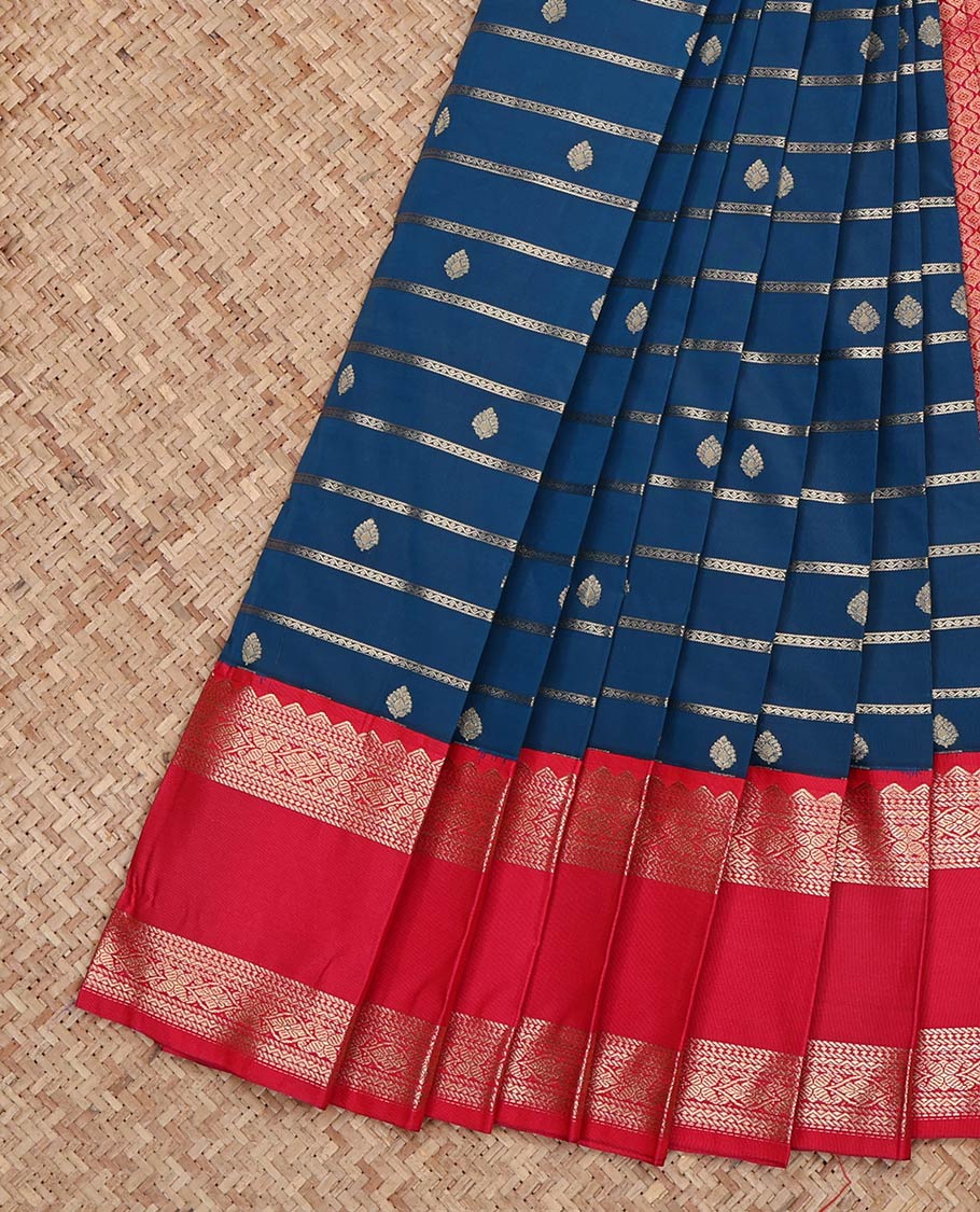 Blue Budget Silk Saree, Detailed with Zari Buttas and Stripes on Its Body, Complemented by a Contrast Traditional Zari Design Rettai Pettu Border, Grand Jaal Pallu, and Paired with a Contrast Blouse