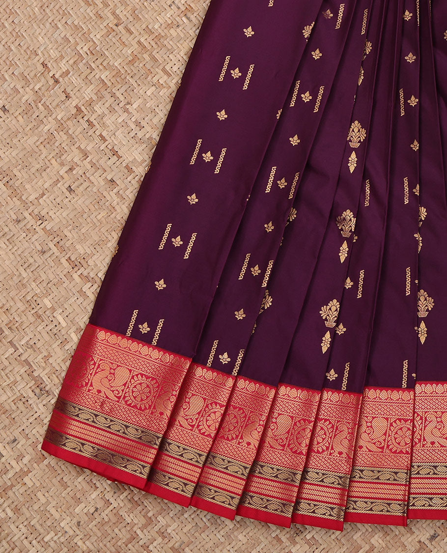 Purple Budget Silk Saree, Decorated with Zari Buttas All Over Its Body, Complemented by a Contrast Traditional Zari Design Peacock-Chakram Border, Grand Jaal Pallu, and Paired with a Contrast Blouse