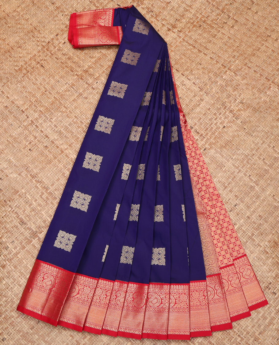 Blue Budget Silk Saree, Decked Up with Zari Buttas, Complemented by a Contrast Traditional Zari Design Border, Grand Pallu, and a Contrast Blouse