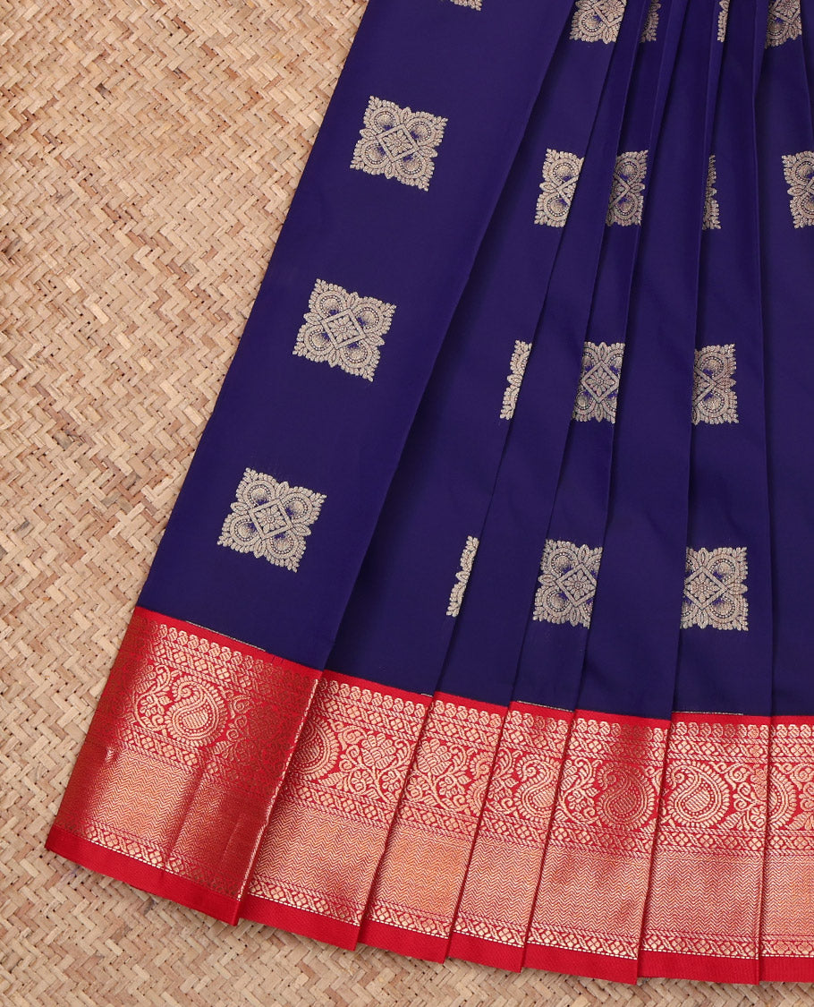 Blue Budget Silk Saree, Decked Up with Zari Buttas, Complemented by a Contrast Traditional Zari Design Border, Grand Pallu, and a Contrast Blouse