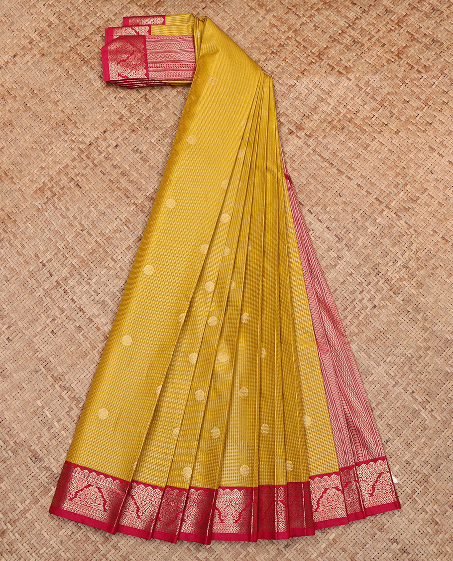 Mustard Budget Silk Saree, Woven with Zari Buttas and Checks, Complemented by Contrast Traditional Rettai Pettu Border, Geometric Pallu and a Contrast Blouse