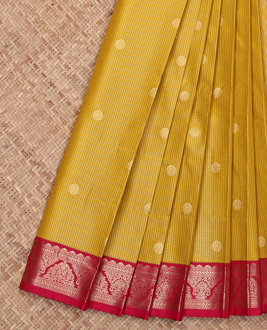 Mustard Budget Silk Saree, Woven with Zari Buttas and Checks, Complemented by Contrast Traditional Rettai Pettu Border, Geometric Pallu and a Contrast Blouse