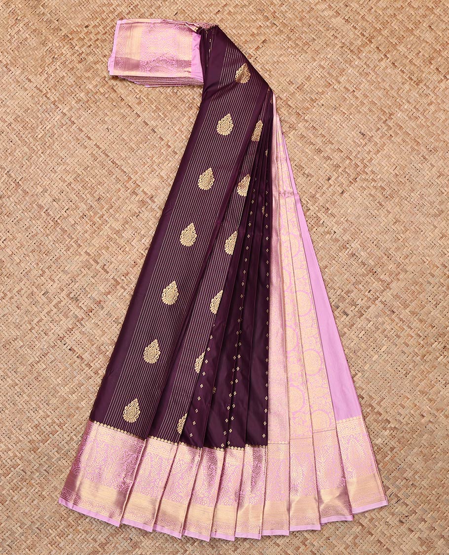 Brown Budget Silk Saree, Steeped in Richness of Zari Buttas and Stripes, Contrast Traditional Zari Border, Grand Pallu and a Contrast Blouse