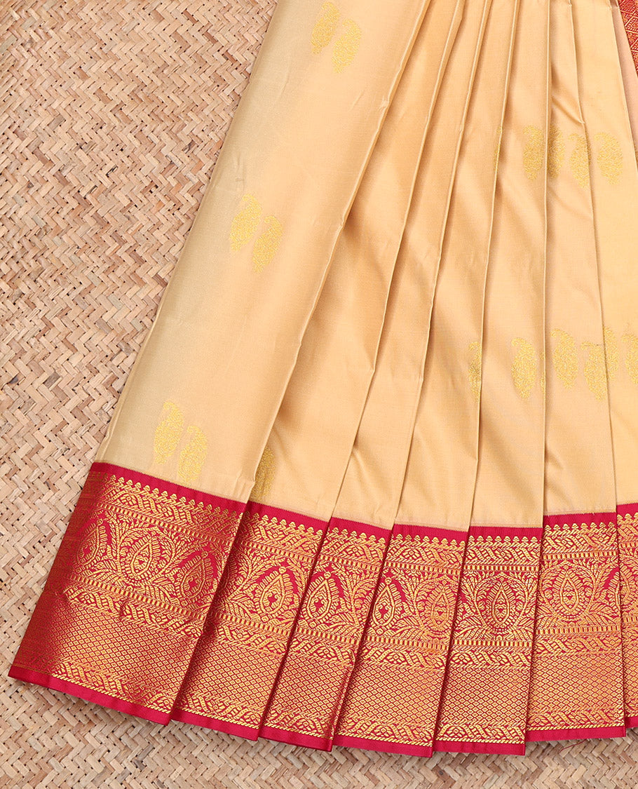 Sandal Budget Silk Saree, Sparsely Sparkled with Zari Buttas, Complemented by Contrast Traditional Zari Border, Grand Pallu, and a Contrast Blouse