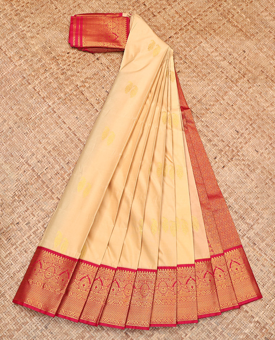Sandal Budget Silk Saree, Sparsely Sparkled with Zari Buttas, Complemented by Contrast Traditional Zari Border, Grand Pallu, and a Contrast Blouse