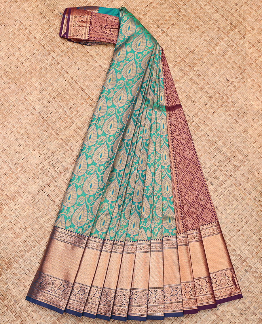 Peacock Color Budget Silk Saree, Beautiful Woven with Jacquard Design, Complemented by Contrast Traditional Zari Big Border, Jaal Pallu and a Contrast Blouse