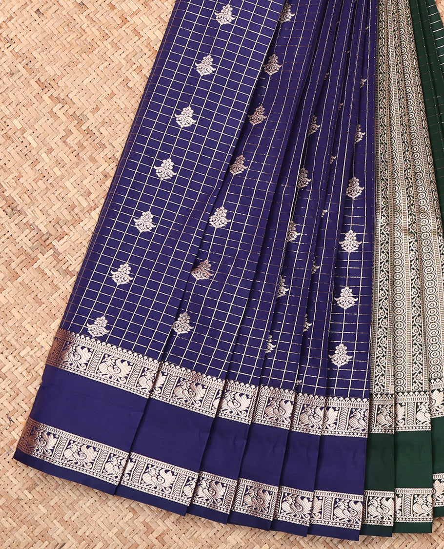 Blue Budget Silk Saree, Enriched with Zari Buttas and Checks, Complemented by a Traditional Zari Rettai Pettu Border, Contrast Intricate Pallu, and a Contrast Blouse