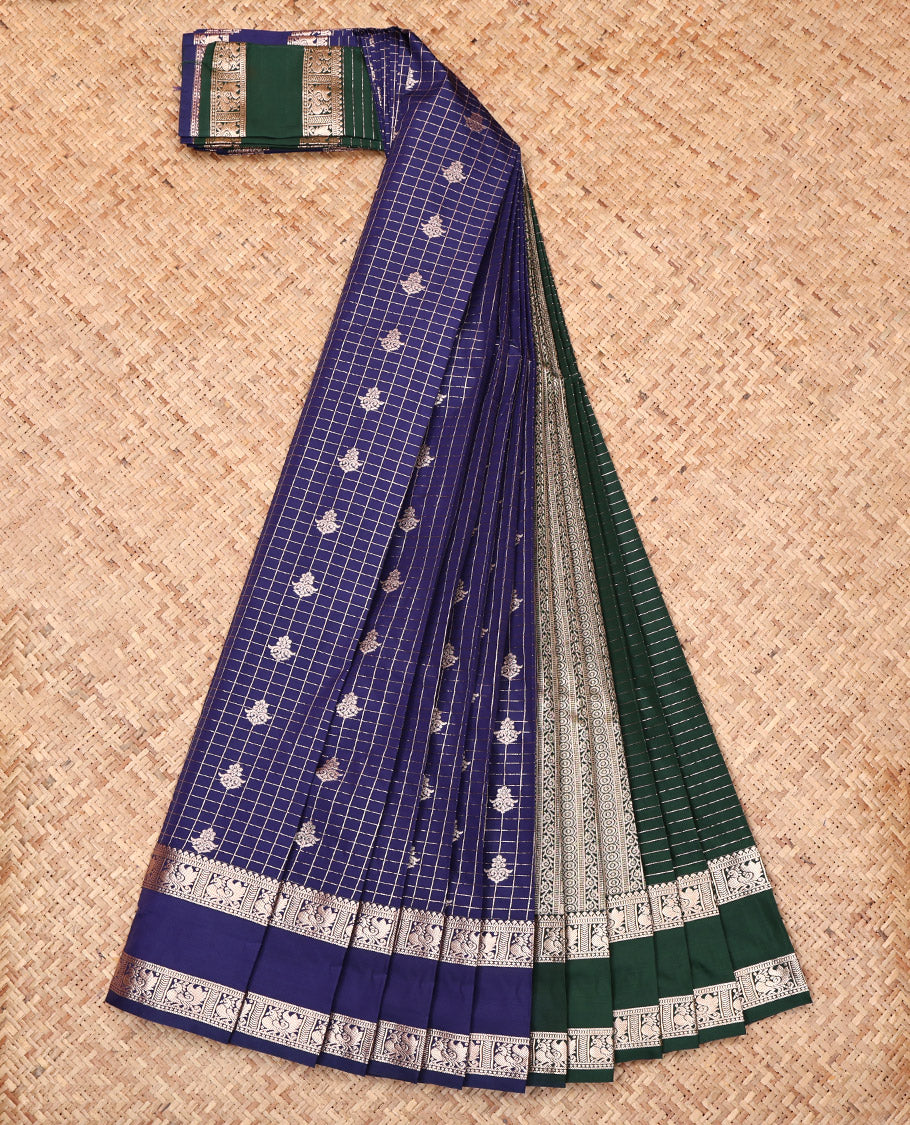 Blue Budget Silk Saree, Enriched with Zari Buttas and Checks, Complemented by a Traditional Zari Rettai Pettu Border, Contrast Intricate Pallu, and a Contrast Blouse
