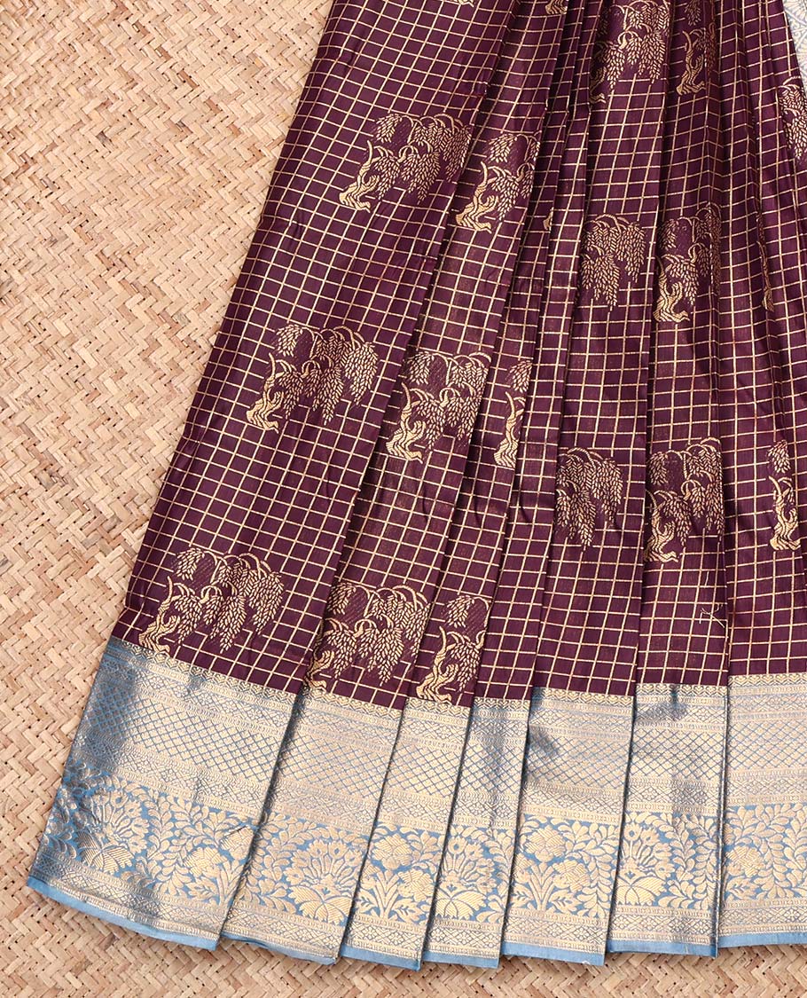 Brown Budget Silk Saree, Adorned with Zari Buttas and Checks, Complemented by Contrast Traditional Zari Border, Intricate Pallu, and Contrast Blouse